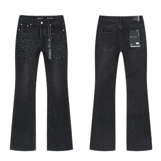 Black Washed Flared Denim Jeans with All-Over Rhinestone Studded Trim